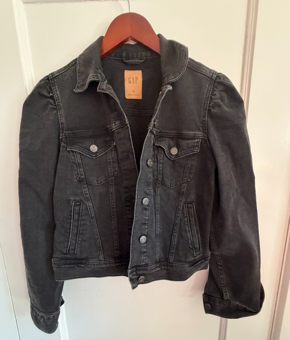 Gap Denim Jacket Women Medium Black Wash Smocked Puffed Sleeve Crop Coat Y2K